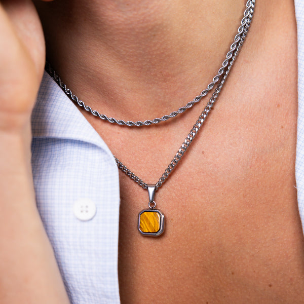 Silver Tigers Eye Square Pendant Cuban