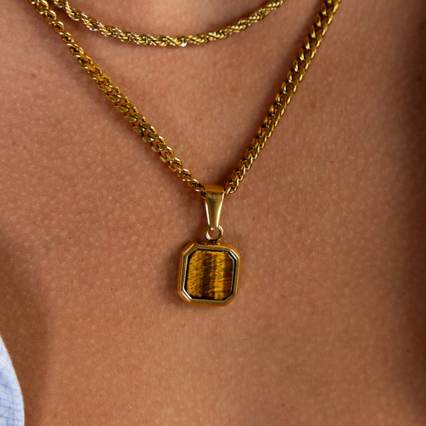 Gold Tigers Eye Pattern Square Pendant Cuban