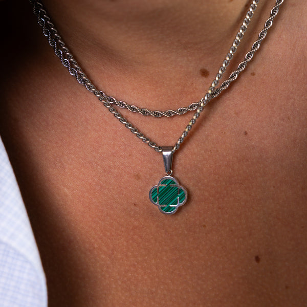 Silver Green Clover Pendant Cuban