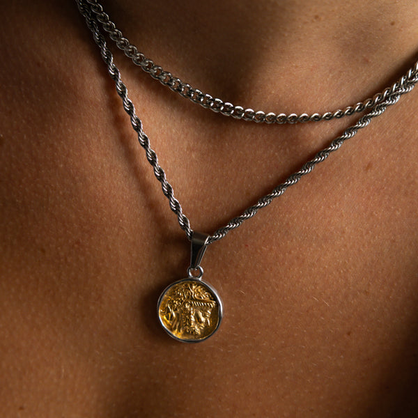 Silver & Gold Greek Head Pendant Cuban