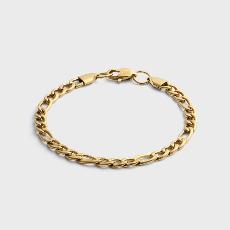 5mm Gold Figaro Bracelet Front Shot on light grey background