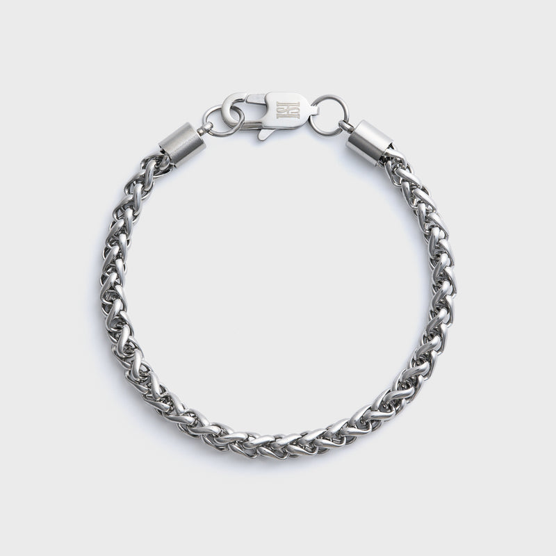 5mm Silver Wheat Bracelet Top Shot on light grey background
