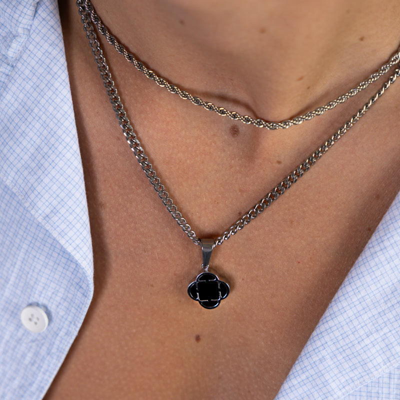 Silver Black Clover Pendant Cuban