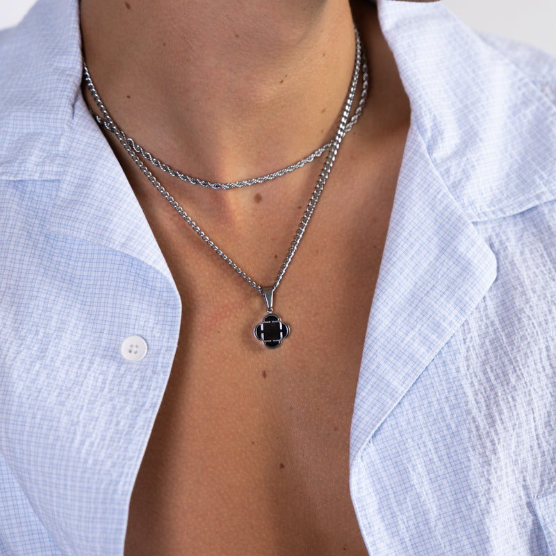 Silver Black Clover Pendant Cuban