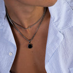 Silver Black Onyx Square Pendant on model
