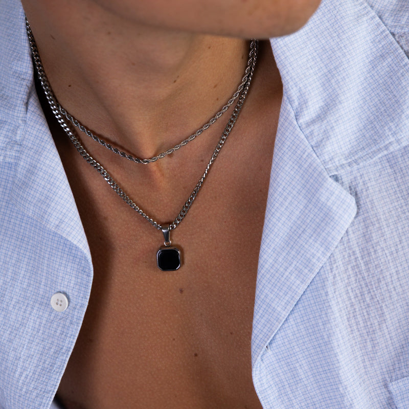 Silver Black Onyx Square Pendant on model