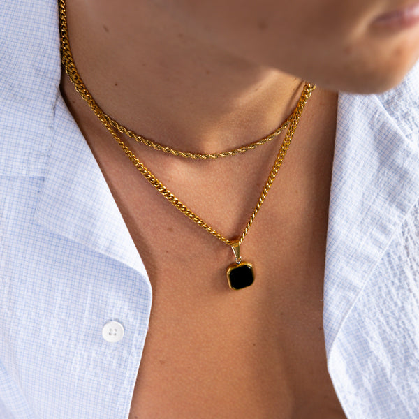 Gold Black Onyx Square Pendant Cuban