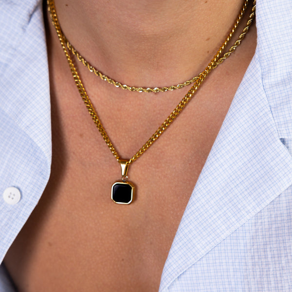 Gold Black Onyx Square Pendant Cuban