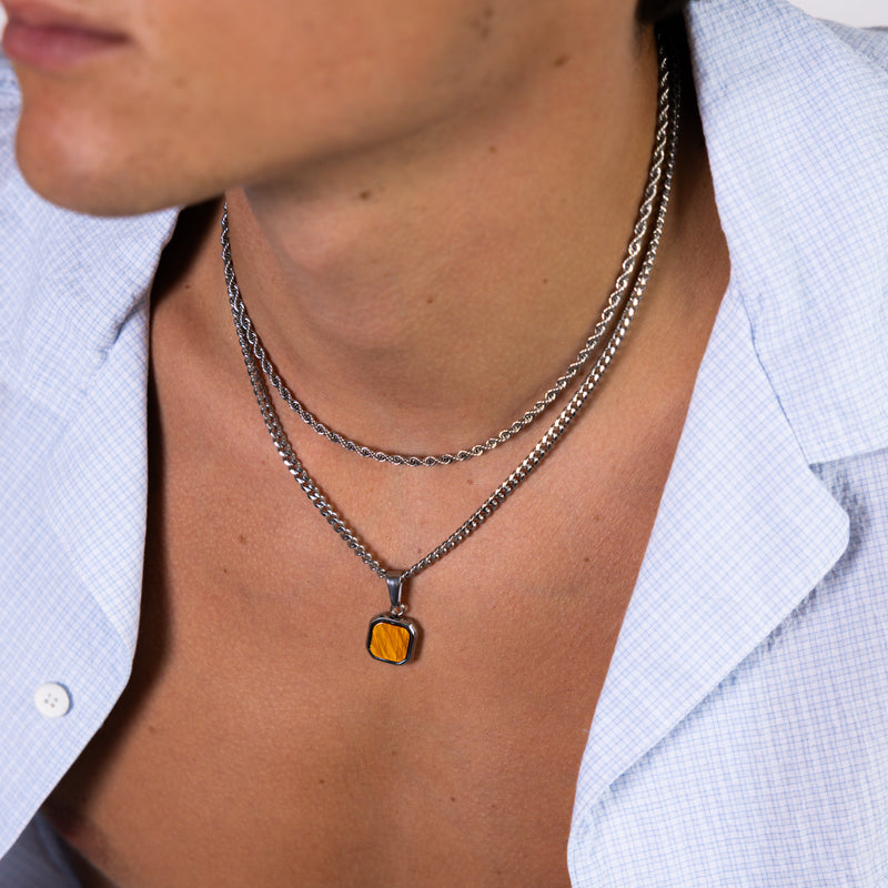 Silver Tigers Eye Square Pendant Cuban