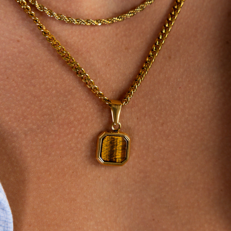 Gold Tigers Eye Pattern Square Pendant Cuban