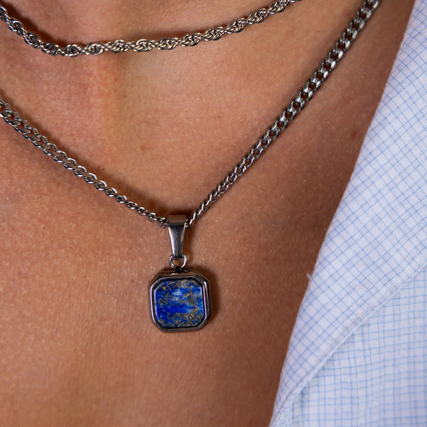 Silver Dark Blue Square Pendant Cuban