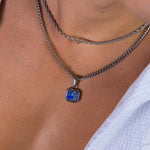 Silver Dark Blue Square Pendant Cuban