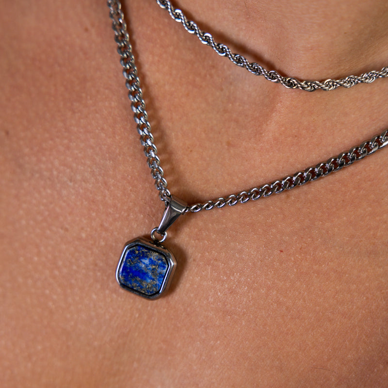 Silver Dark Blue Square Pendant Cuban