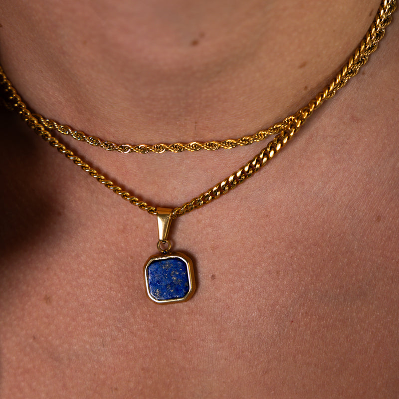 Gold Dark Blue Square Pendant Cuban