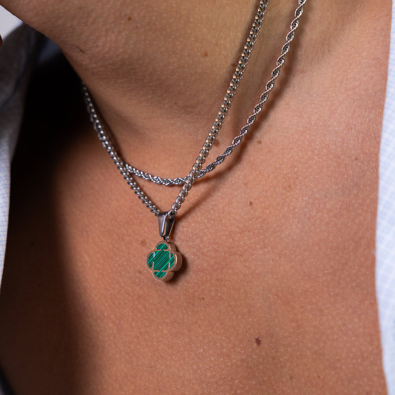 Silver Green Clover Pendant Cuban