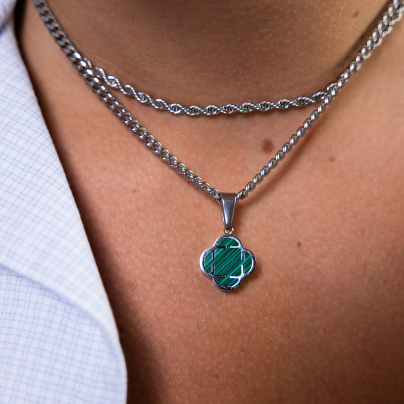 Silver Green Clover Pendant Cuban