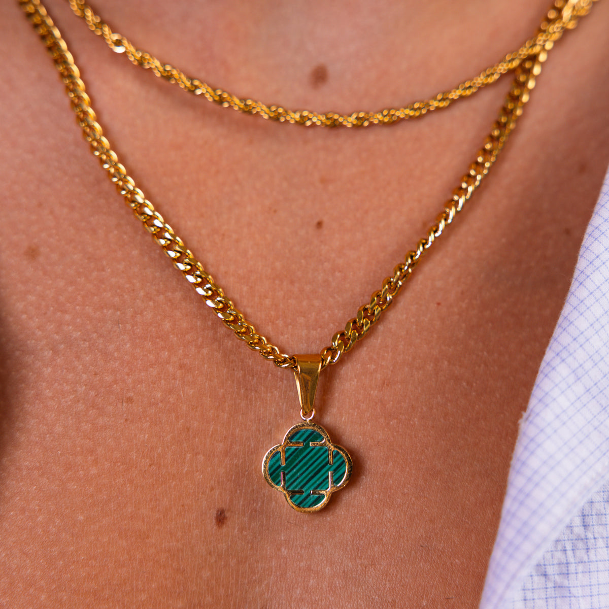 Gold Green Clover Pendant Cuban