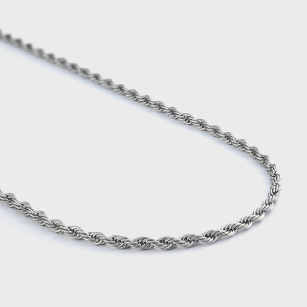Rope chain silver 3mm side shot on grey background